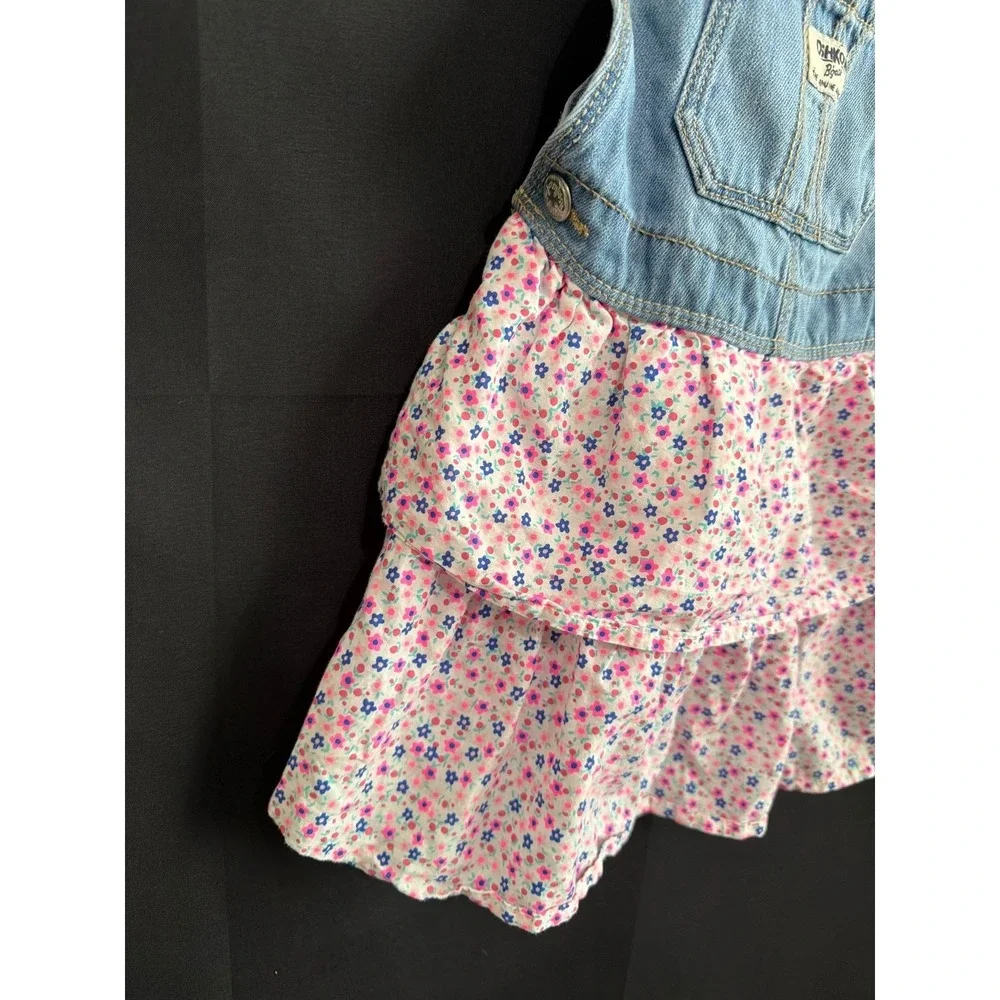 OshKosh B'gosh Overall Dress 4T Blue Pink Floral Ruffle Denim Skirtall OSH11771